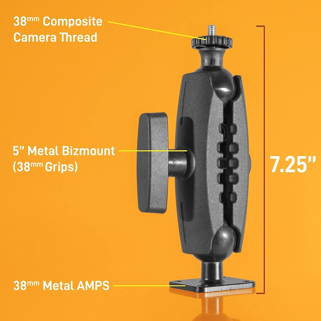 iBolt 38mm / 1.5 inch Metal Rectangular AMPS Pattern to ¼ 20” Composite Camera Screw Dual Ball Mount- Featuring a 5-inch Metal 38mm Bizmount Arm