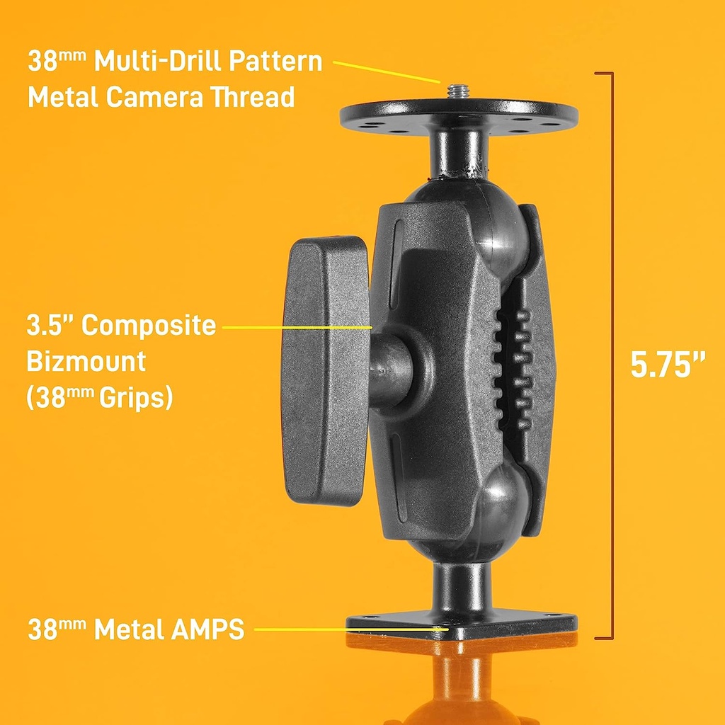 Bolt 38mm / 1.5 inch Metal Rectangular AMPS Pattern to ¼ 20” Metal Camera Screw Dual Ball Mount- Featuring a 3.5-inch Composite 38mm Bizmount Arm