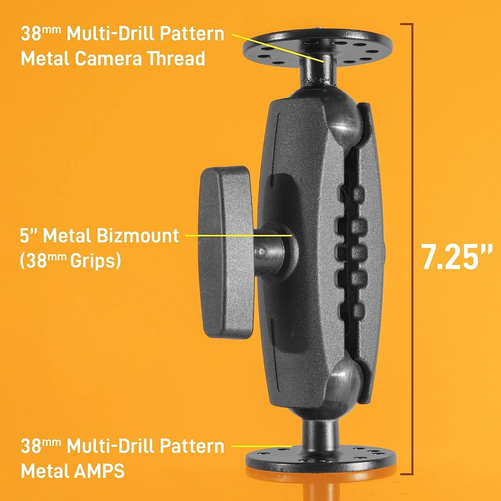iBolt 38mm / 1.5 inch Metal Circular AMPS Pattern to ¼ 20” Metal Camera Screw Dual Ball Mount- Featuring a 5-inch Aluminum 38mm Bizmount Arm