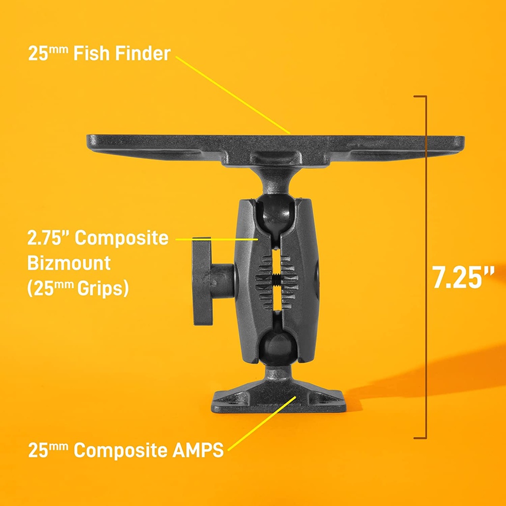 iBOLT 25mm / 1 inch Composite Universal Marine Electronic Fish Finder to Composite Rectangular AMPS Pattern Drill Base Mount
